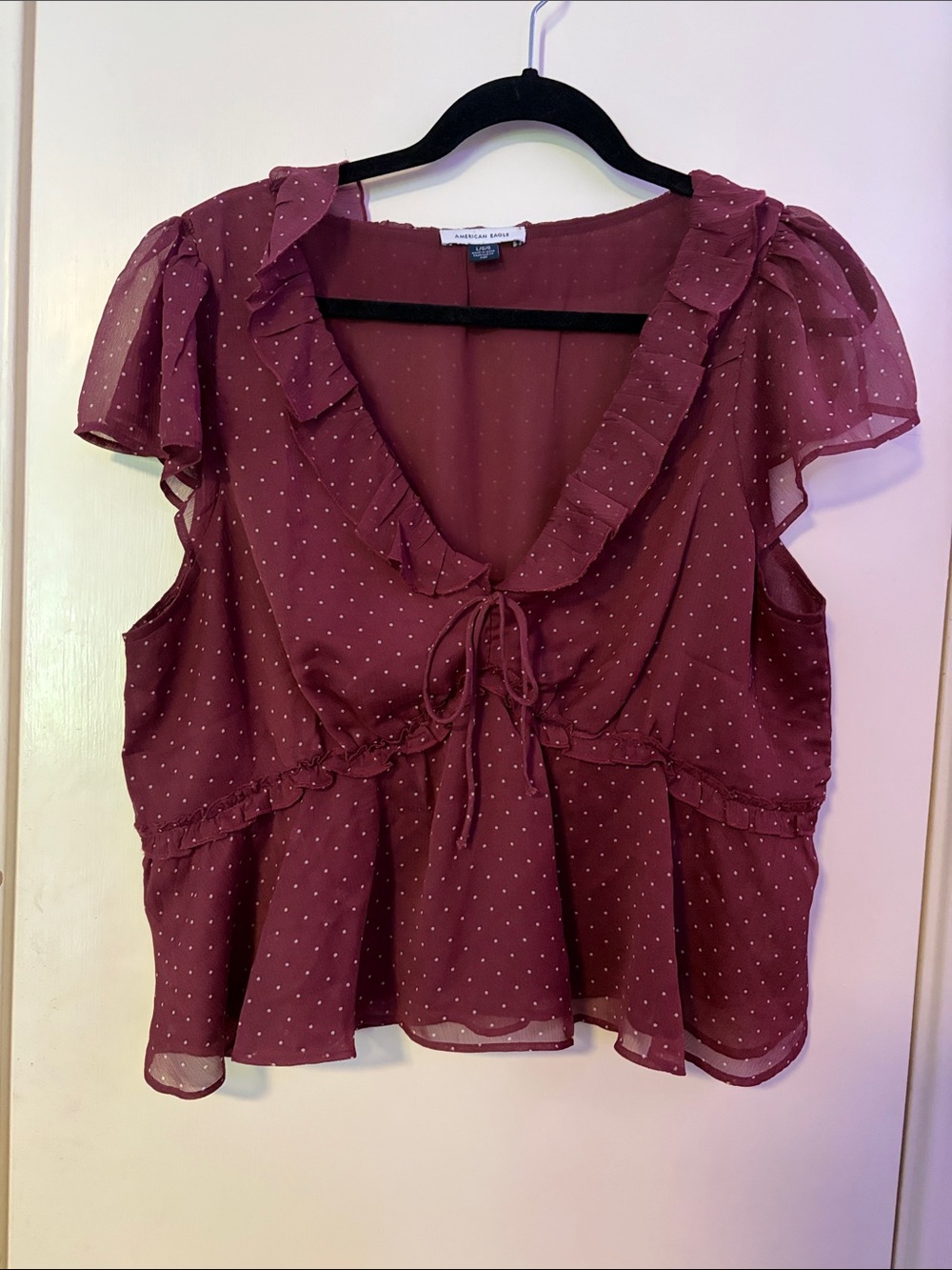 Women’s Burgundy Polka Dot Ruffle Tie-Front Top